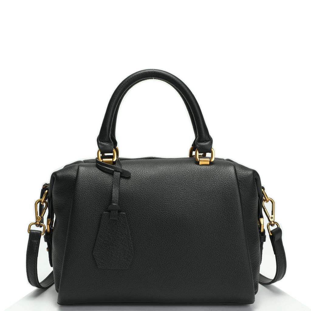 Quinn Structured Pebble Leather Satchel Bag Black Boxy Top Handle Crossbody