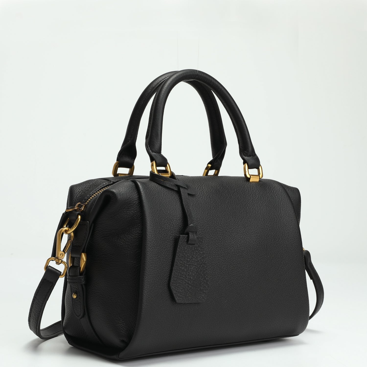 Quinn Structured Pebble Leather Satchel Bag Black Boxy Top Handle Crossbody