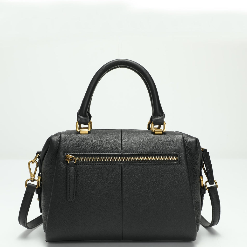 Quinn Structured Pebble Leather Satchel Bag Black Boxy Top Handle Crossbody