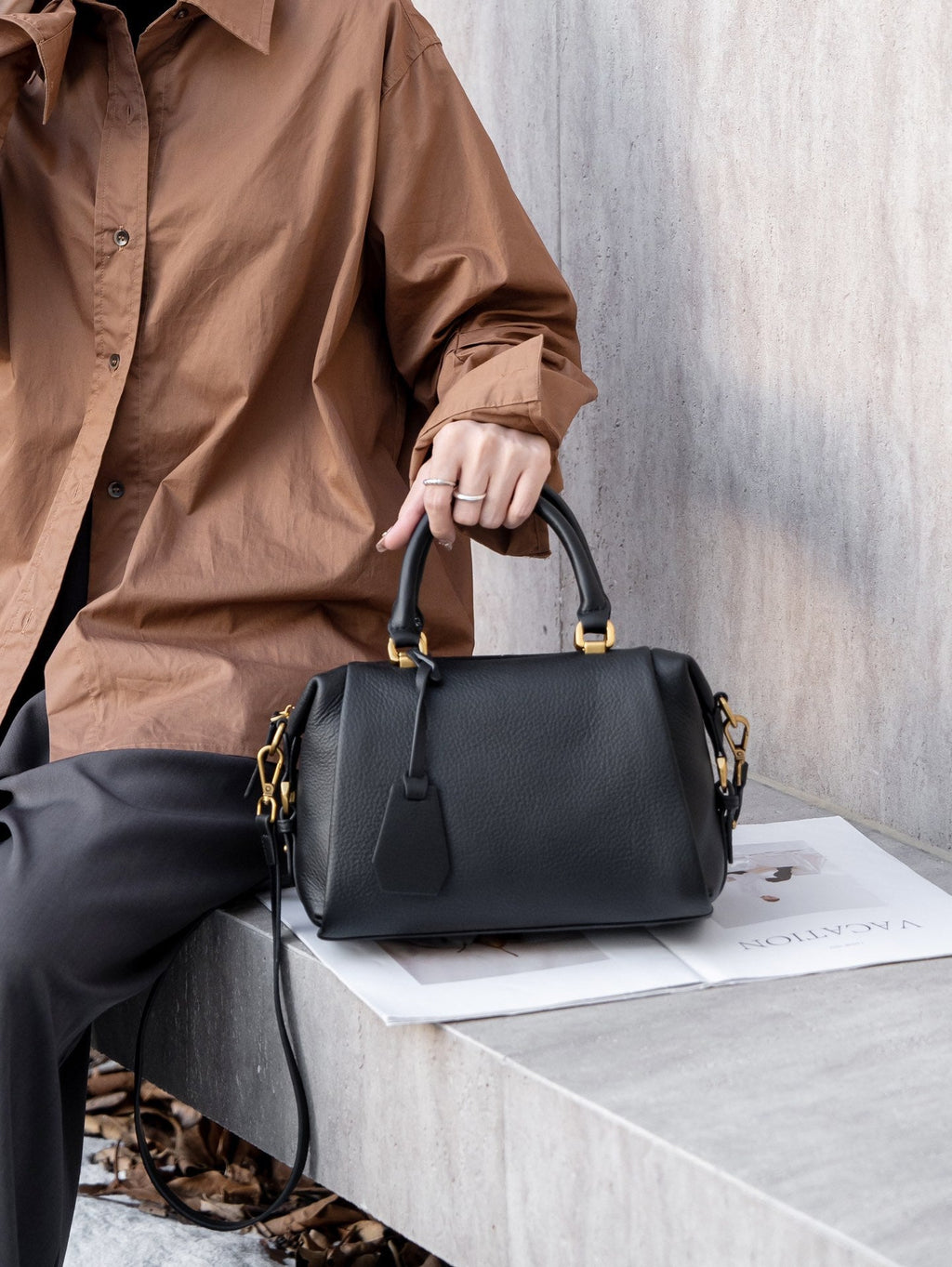 Quinn Structured Pebble Leather Satchel Bag Black Boxy Top Handle Crossbody