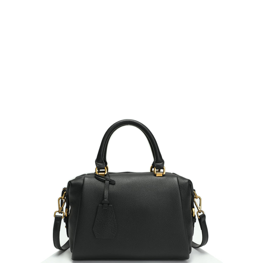 Quinn Structured Pebble Leather Satchel Bag Black Boxy Top Handle Crossbody