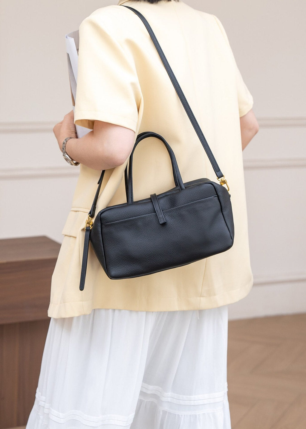 Madison Minimalist East West Doctor Bag Black Pebbled Leather Crossbody