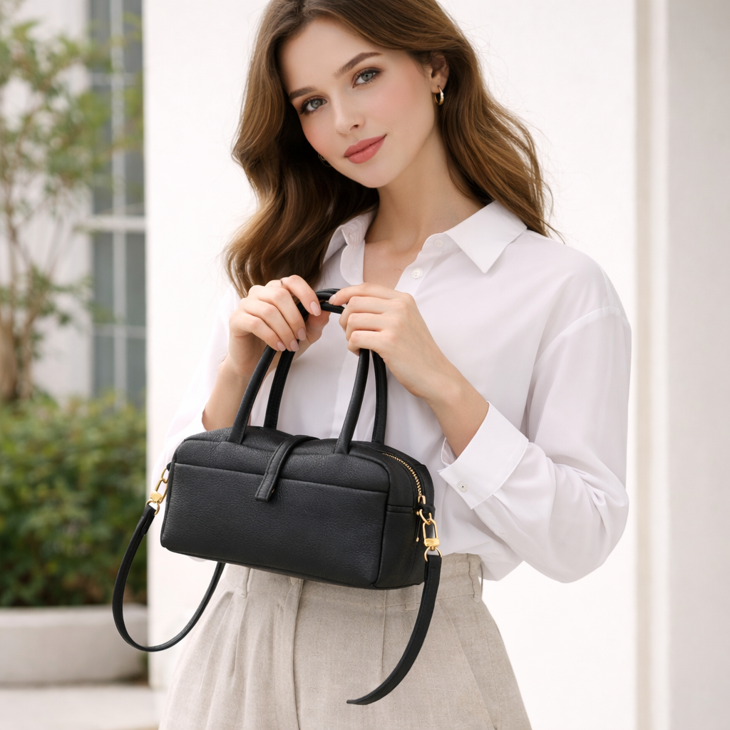 Madison Minimalist East West Doctor Bag Black Pebbled Leather Crossbody