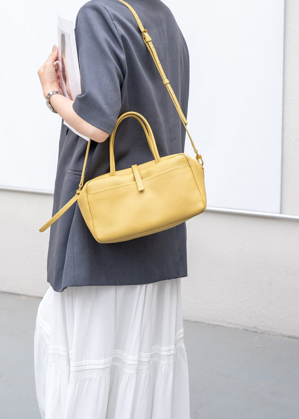 Madison East West Doctor Bag Butter Yellow Leather Top Handle Crossbody