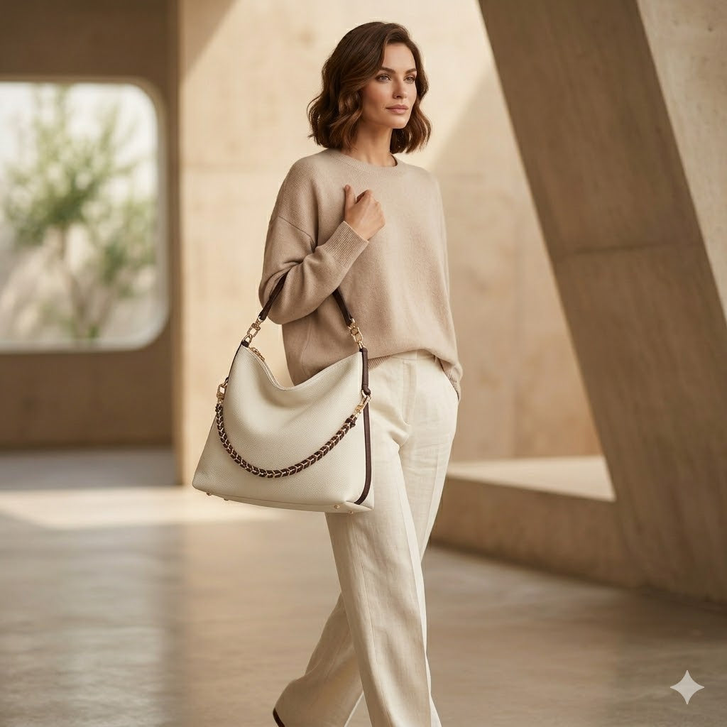 Riva Women's Convertible Cream Leather Hobo Slouchy Shoulder Bag Triple Straps