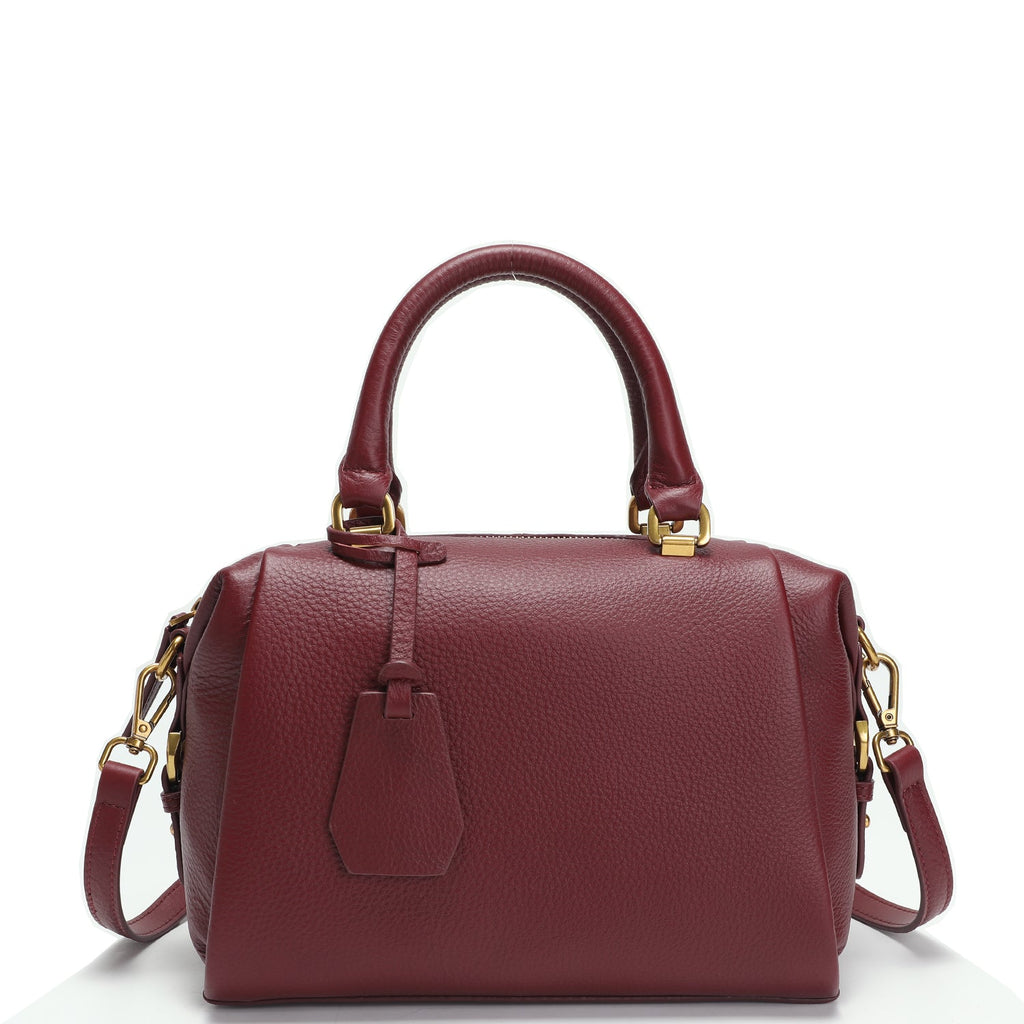 Quinn Structured Pebble Leather Satchel Bag Boxy Maroon Top Handle Crossbody