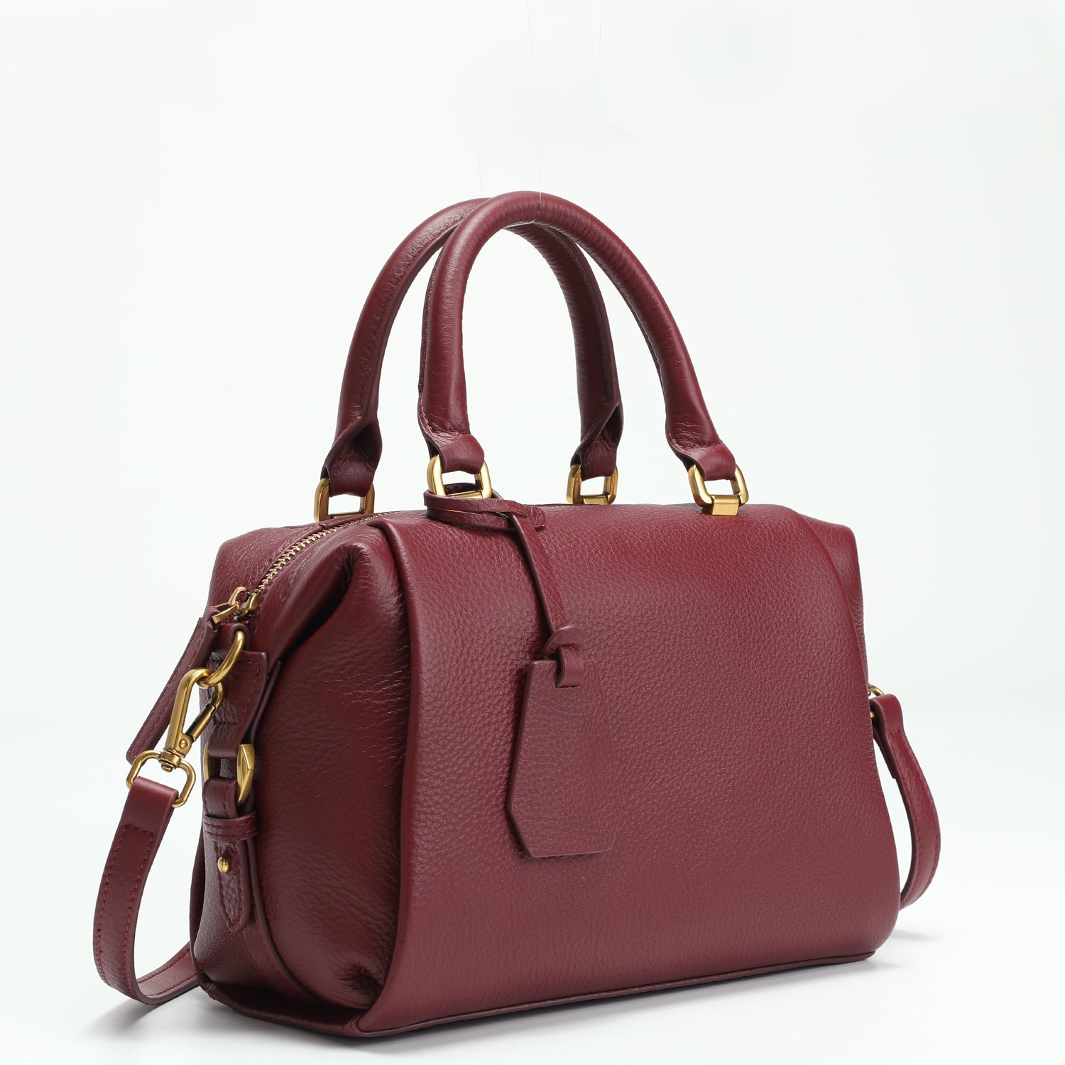 Quinn Structured Pebble Leather Satchel Bag Boxy Maroon Top Handle Crossbody