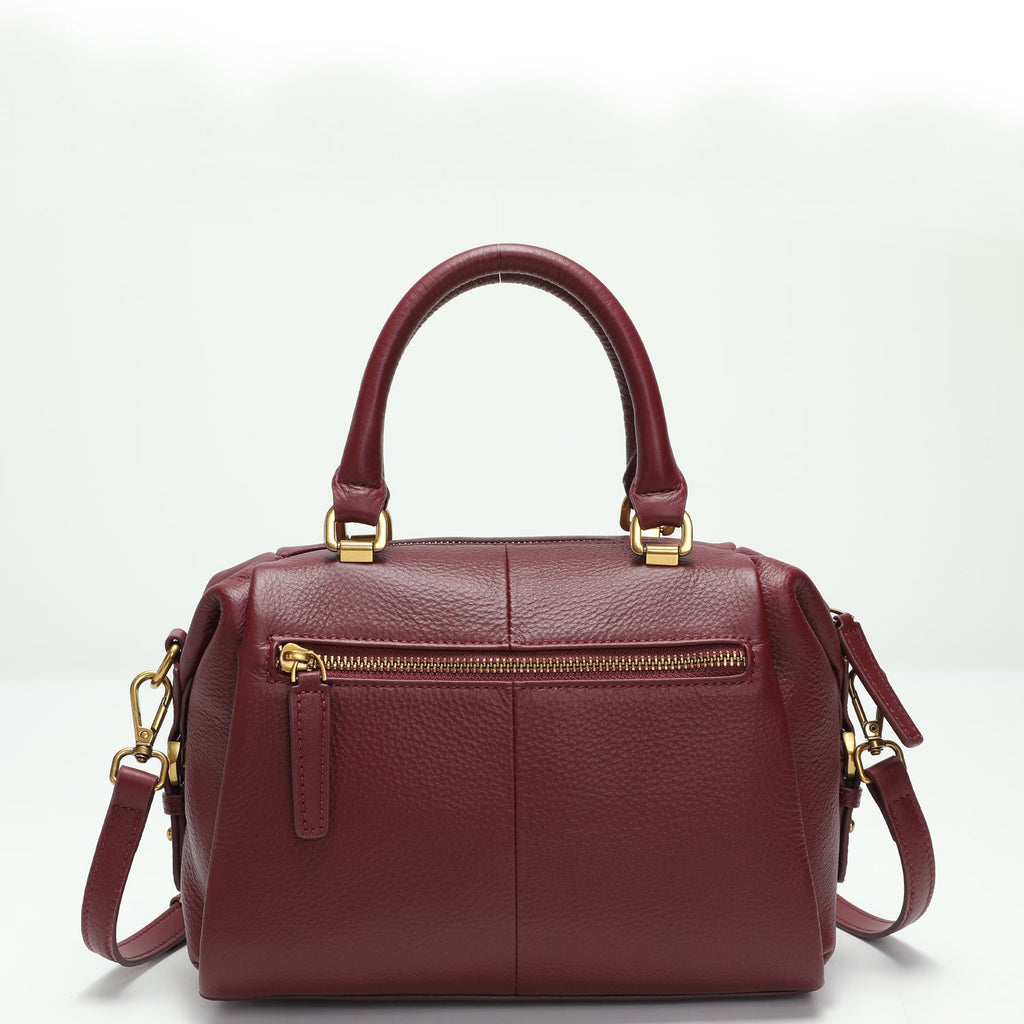 Quinn Structured Pebble Leather Satchel Bag Boxy Maroon Top Handle Crossbody