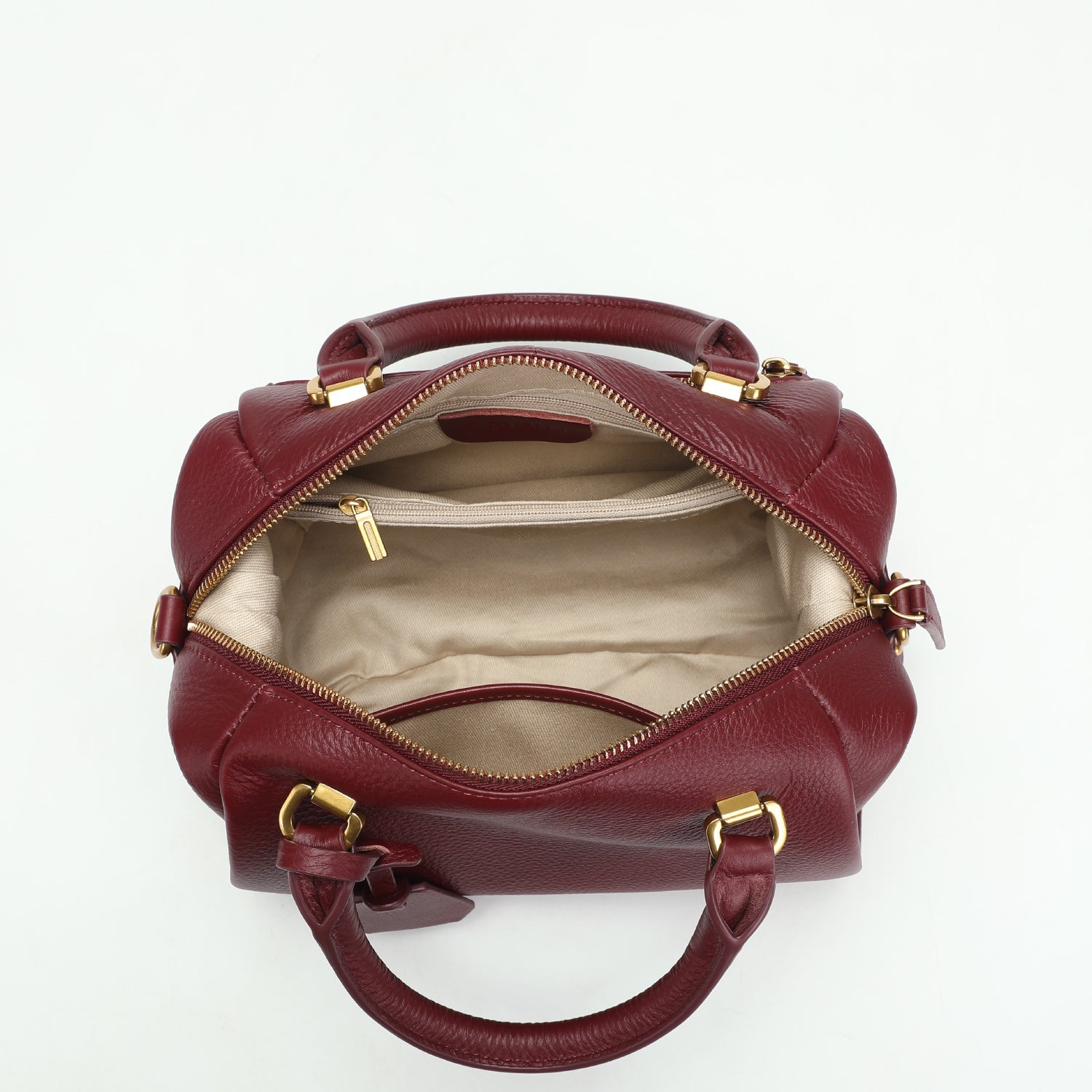 Quinn Structured Pebble Leather Satchel Bag Boxy Maroon Top Handle Crossbody