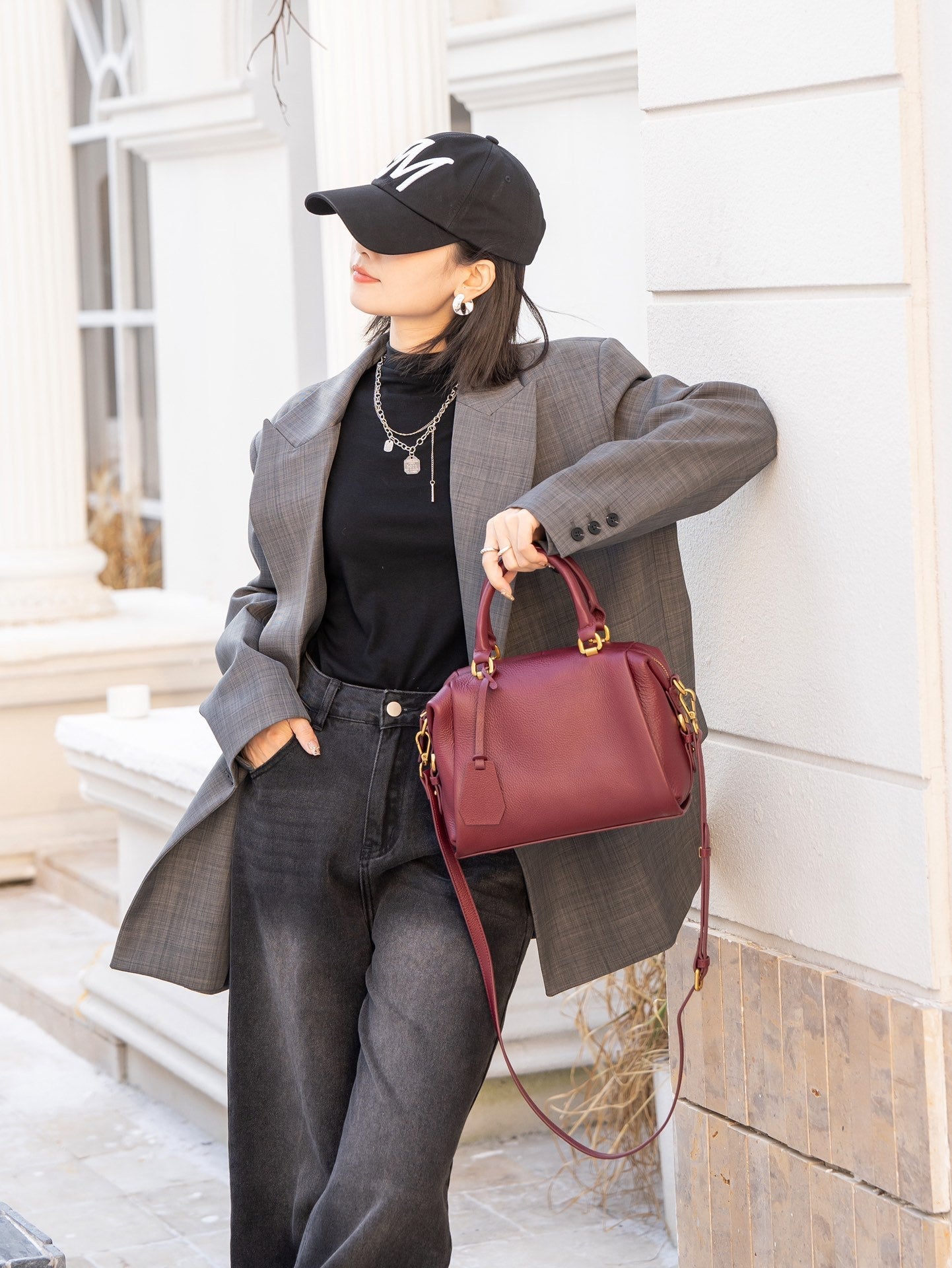 Quinn Structured Pebble Leather Satchel Bag Boxy Maroon Top Handle Crossbody