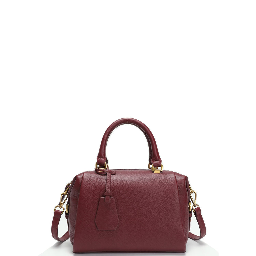 Quinn Structured Pebble Leather Satchel Bag Boxy Maroon Top Handle Crossbody