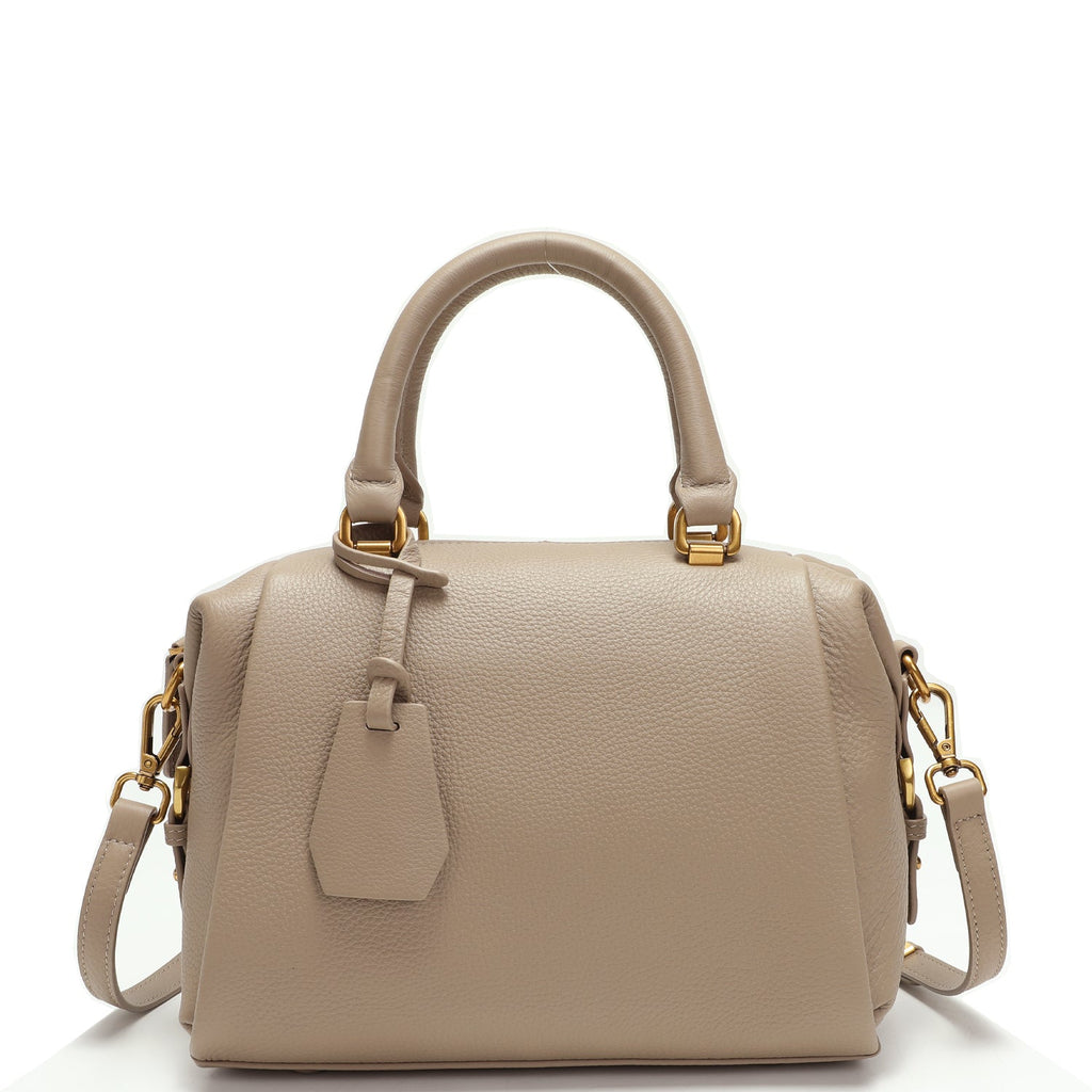 Quinn Structured Pebbled Leather Satchel Bag in Earthy Taupe with Top Handle
