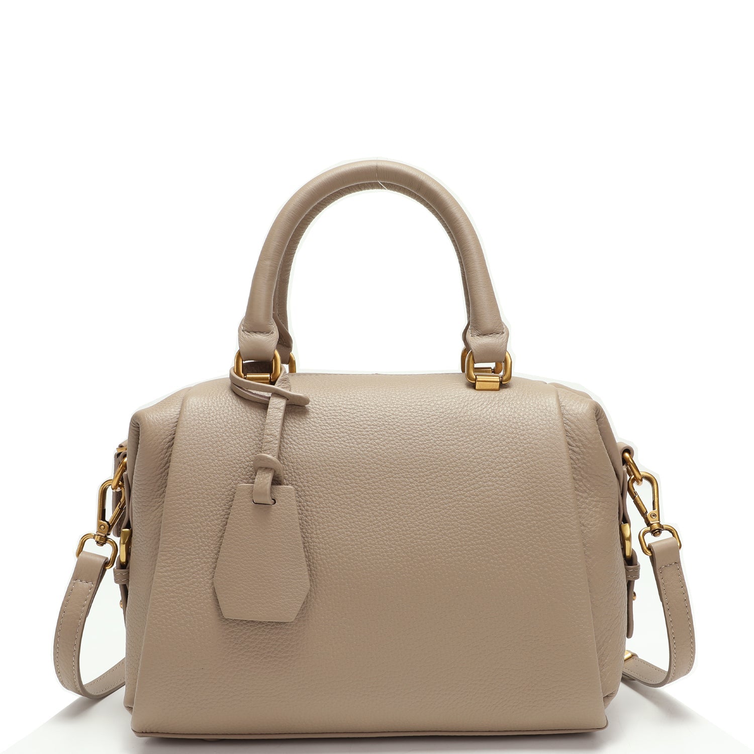 Quinn Structured Pebbled Leather Satchel Bag in Earthy Taupe with Top Handle