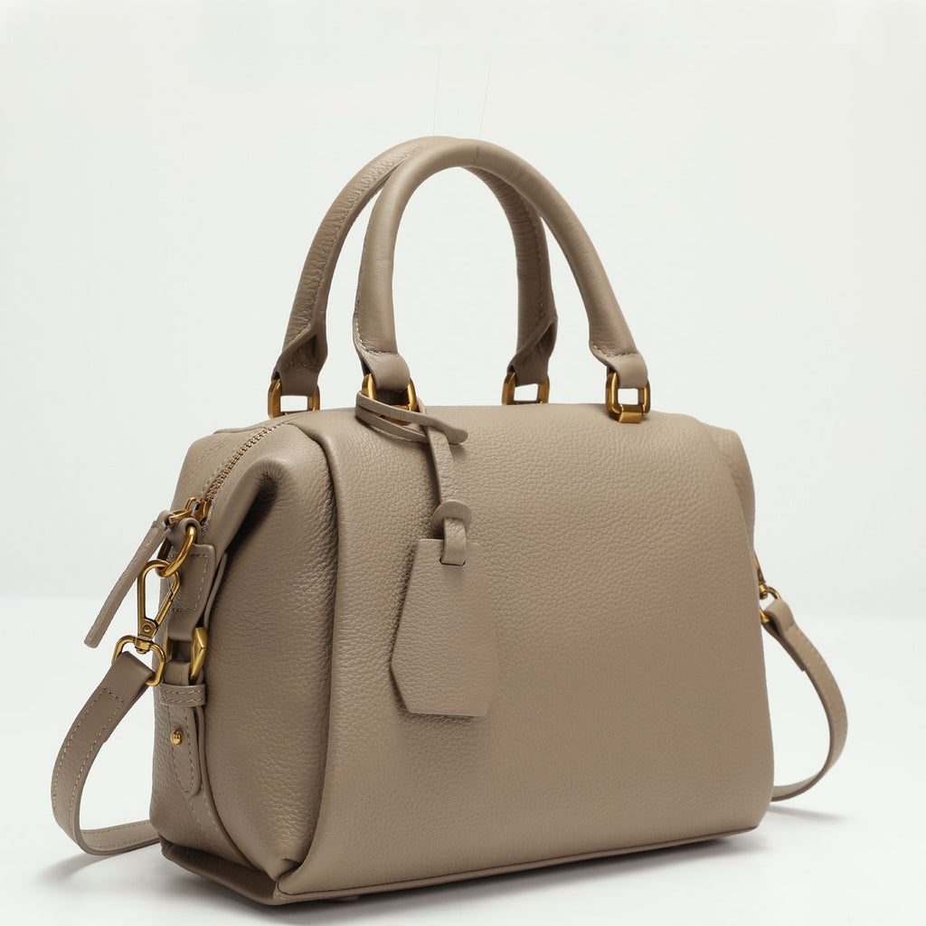 Quinn Structured Pebbled Leather Satchel Bag in Earthy Taupe with Top Handle