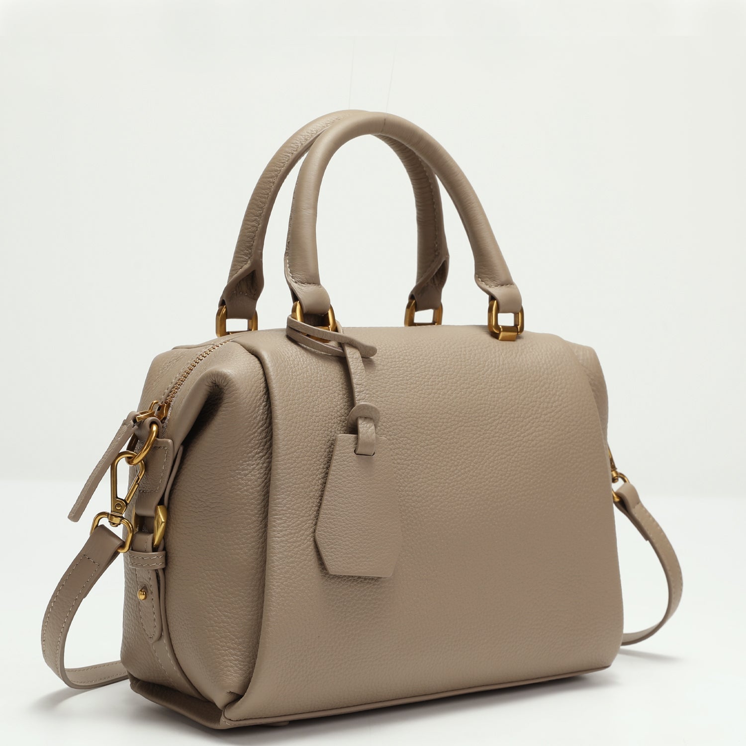 Quinn Structured Pebbled Leather Satchel Bag in Earthy Taupe with Top Handle