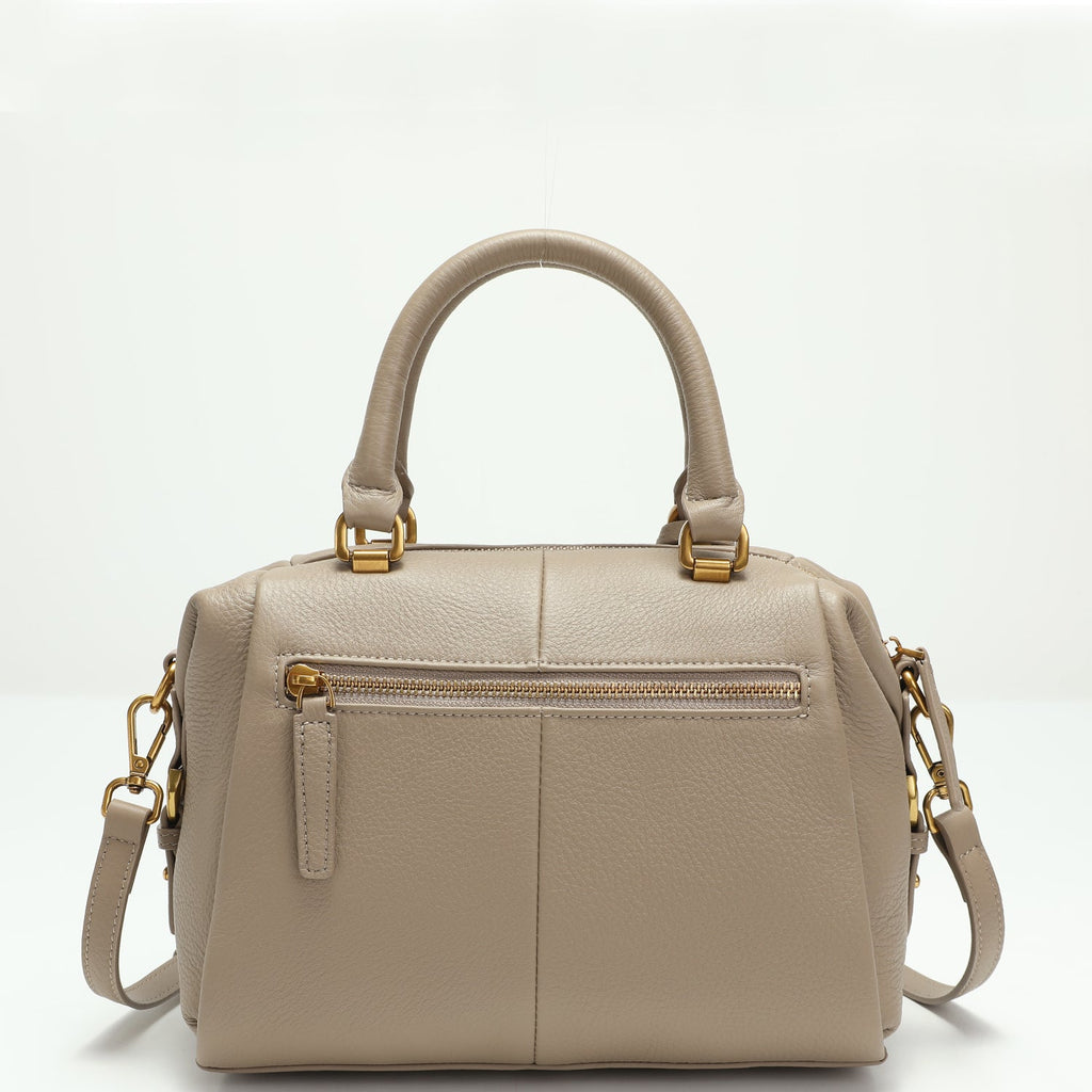 Quinn Structured Pebbled Leather Satchel Bag in Earthy Taupe with Top Handle