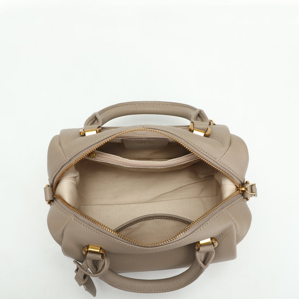 Quinn Structured Pebbled Leather Satchel Bag in Earthy Taupe with Top Handle