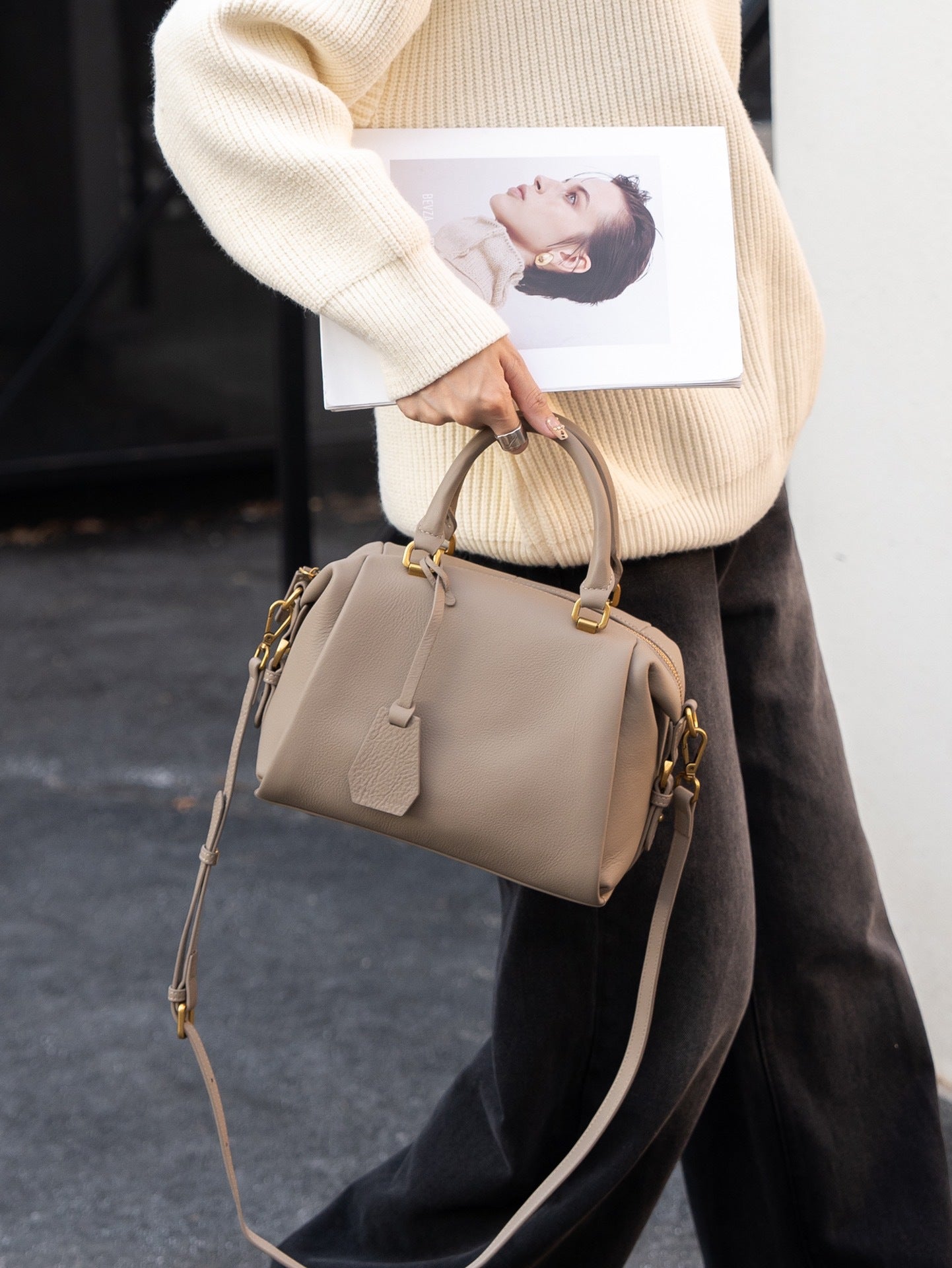 Quinn Structured Pebbled Leather Satchel Bag in Earthy Taupe with Top Handle
