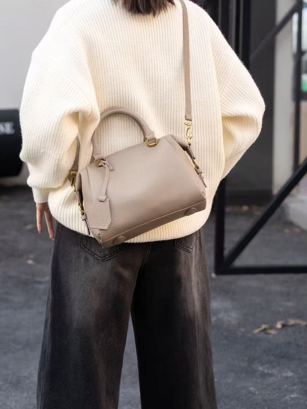 Quinn Structured Pebbled Leather Satchel Bag in Earthy Taupe with Top Handle