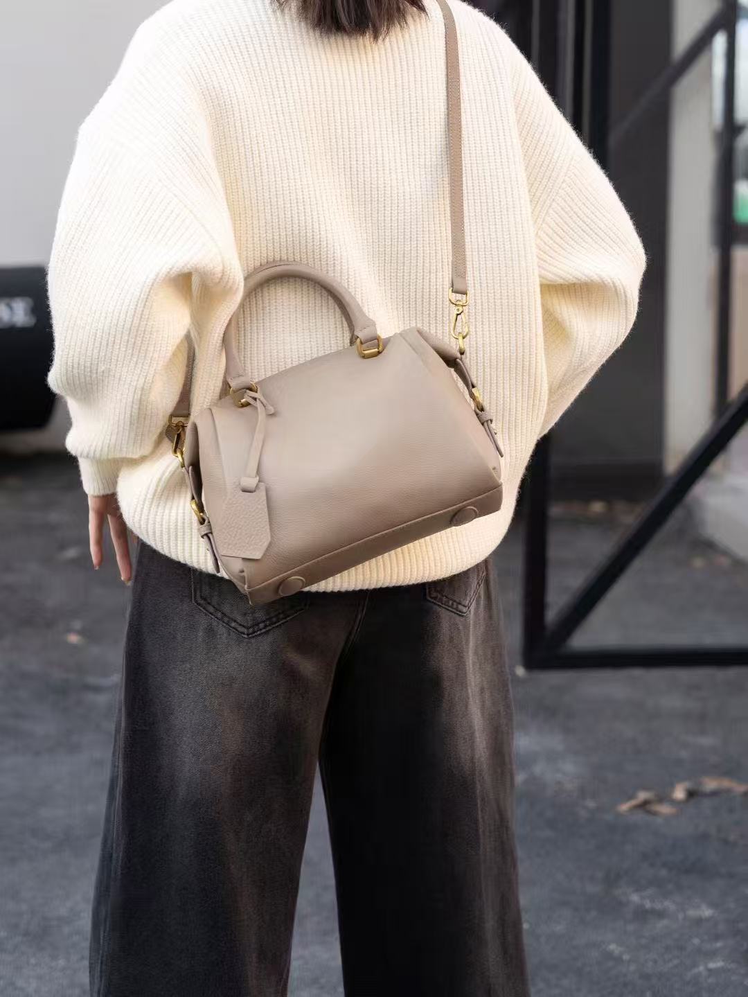 Quinn Structured Pebbled Leather Satchel Bag in Earthy Taupe with Top Handle
