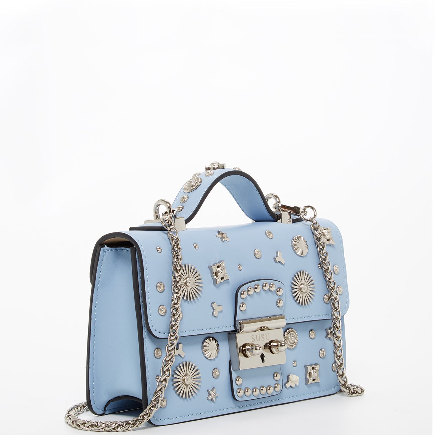 Small Leather Crossbody Bag Sky Blue Purse Studded Baby Blue Women's Handbag