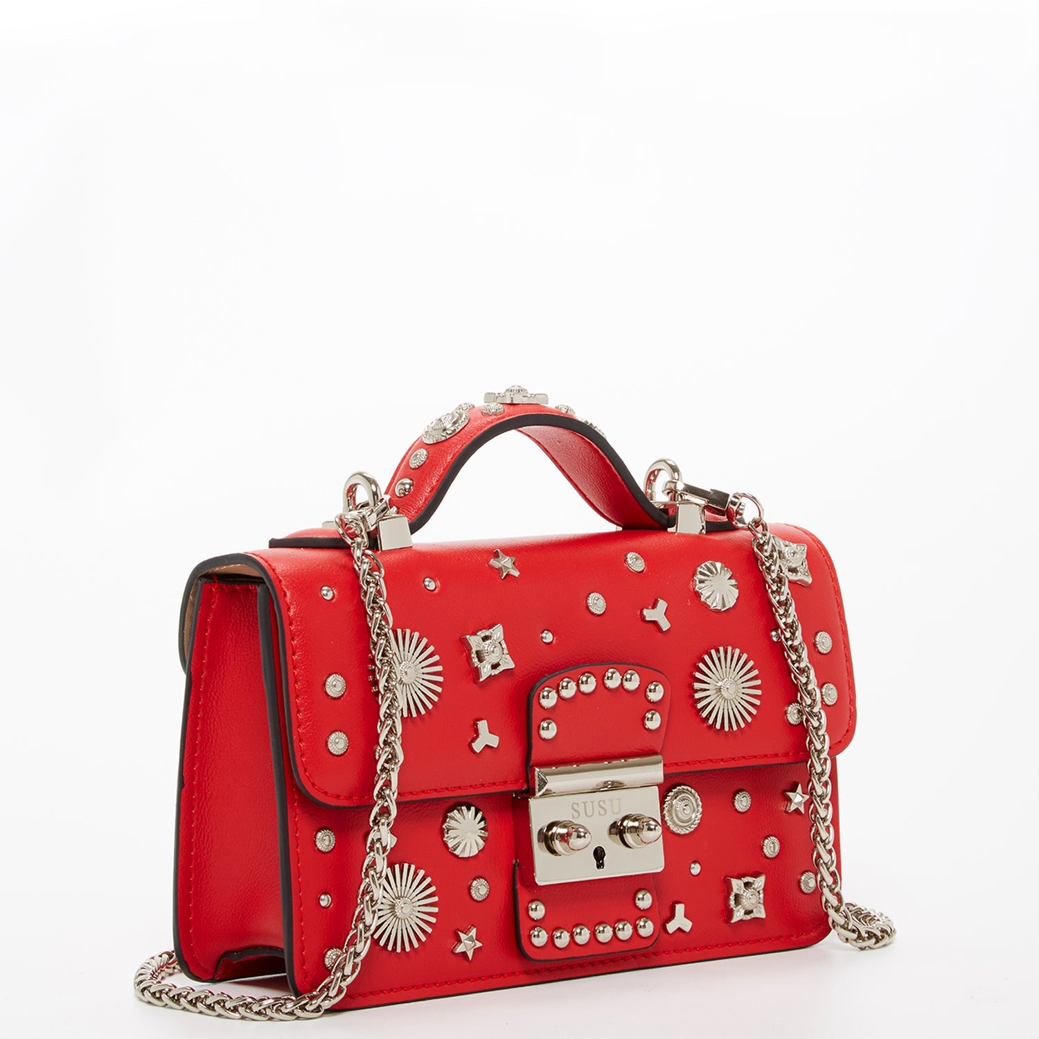 Studded Small Leather Crossbody Bag Red Purse